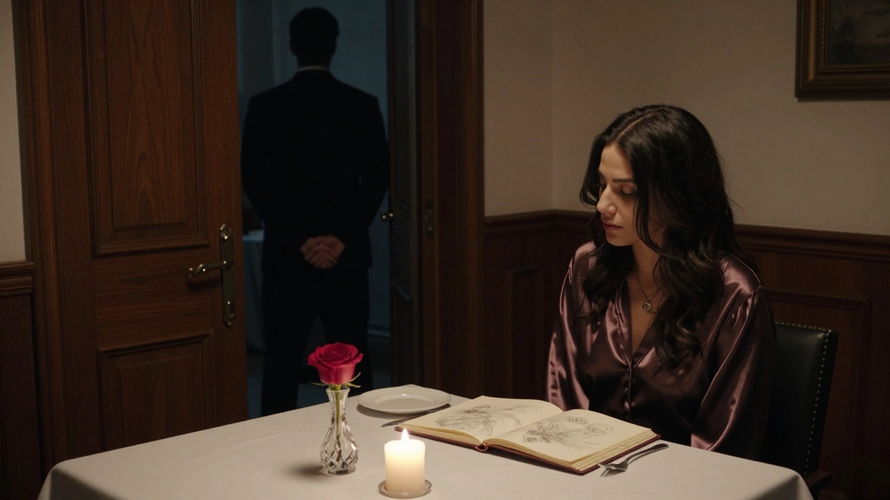 A woman sketches alone in a candlelit private dining room, a rose beside her, a shadowed figure waits just outside the door.